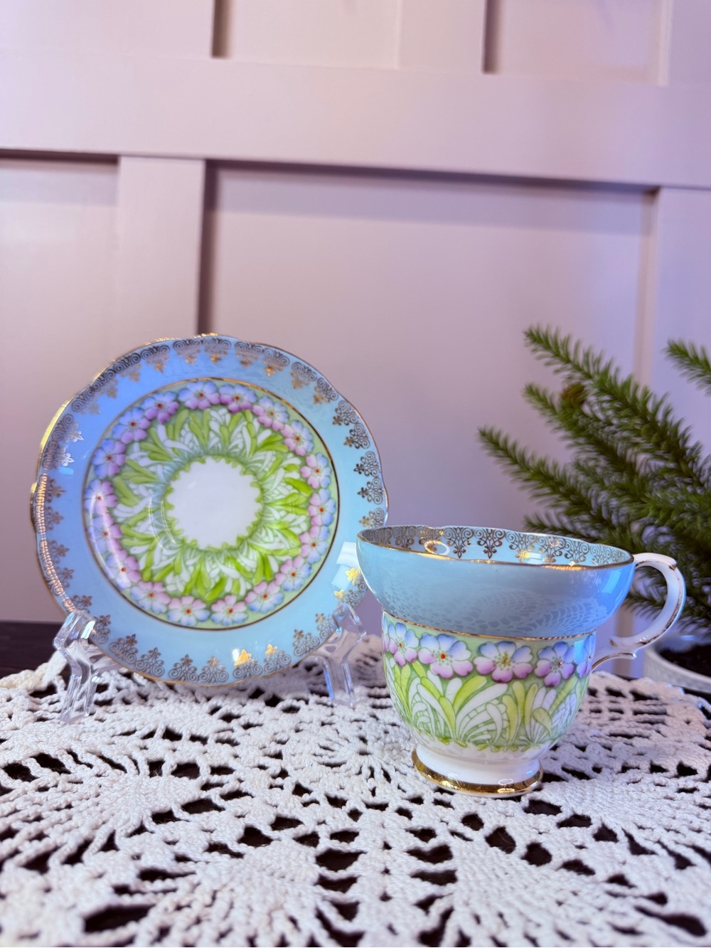 Vintage pastel blue and white footed teacup saucer set England Gladstone China